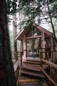 uma cabana na floresta com uma grande janela em Cascades Inn em Tiger