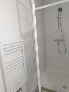 een badkamer met een douche en een glazen deur bij Studio n°6 Henriville in Amiens