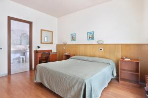a bedroom with a bed and a desk and a mirror at Hotel Daisy in Marina di Massa