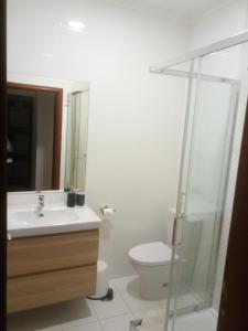 y baño con aseo, lavabo y ducha. en Buddies Family Room, en Aveiro