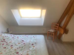 a bedroom with a bed and a skylight and a chair at Gîte "Le Drouzet" in Le Chazal