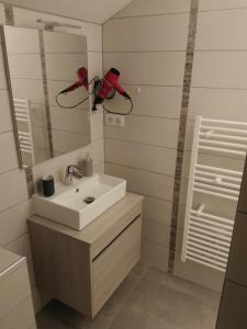 ein Badezimmer mit einem weißen Waschbecken und einem Spiegel in der Unterkunft Gite le Nid du Poupet 