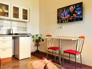a kitchen with a table and two chairs and a tv at Dj-penzion in Vracov
