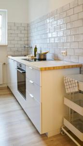 a kitchen with a counter with a sink and a stove at Apartment in musikalischem Haus in Mayen