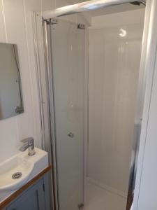 uma casa de banho com um chuveiro e um lavatório. em Yew Tree View Luxury Shepherd's Hut em Sturminster Newton