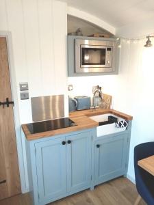 uma cozinha com um lavatório e um micro-ondas em Yew Tree View Luxury Shepherd's Hut em Sturminster Newton