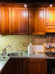 a kitchen with wooden cabinets and a sink at Hesperia Apartment in Treviso
