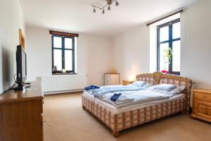 a bedroom with a bed and a desk and windows at Penzion Orlov in Příbram