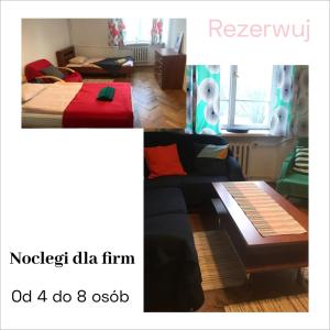 un soggiorno con divano e letto di Mal's Apartment a Łódź