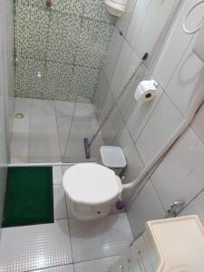 a bathroom with a toilet and a shower with a green floor at Casa da Sua Família in Mucugê