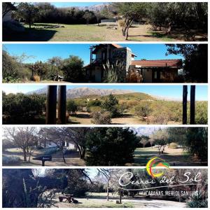 tres fotos de un parque con una casa y árboles en Cabañas Cerros del Sol en Merlo