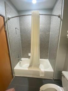 a bathroom with a shower with a tub and a toilet at Tropicana Inn and Suites in Dallas