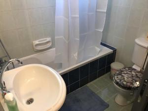 a bathroom with a white sink and a toilet at El Sueno in Lachi