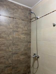 a bathroom with a shower with a wooden wall at Depto a Estrenar 4 pax con Cochera Equipado a Full in Mar del Plata