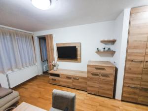 亞霍里納的住宿－Apartment U 154 - Aparthotel Vučko，一间带电视和木制梳妆台的客厅