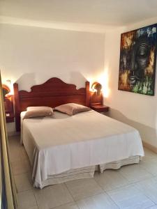 a bedroom with a large bed with a painting on the wall at Studios Haut de Caritan in Sainte-Anne