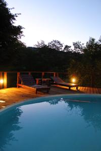 una gran piscina con terraza y mesa de picnic en Criollo Lodge en El Hoyo