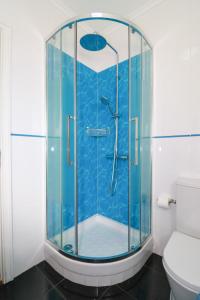 a glass shower in a bathroom with a toilet at Parede Flats in Parede