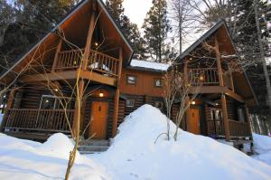 a log cabin in the woods in the snow at Big Bear Chalets & Apartments in Hakuba