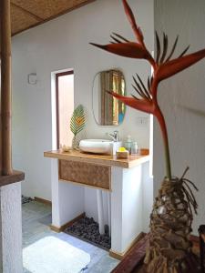 ein Bad mit einem Waschbecken und einem Spiegel in der Unterkunft Valerie Lodge in San Vicente