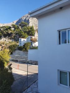 a white house with a mountain in the background at Apartments Jerković Drašnice-1bd in Drašnice