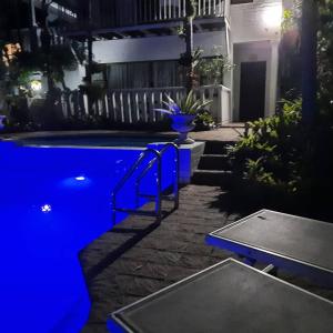 a swimming pool with blue lighting in a yard at St. Lucia Wetlands Guest House in St Lucia