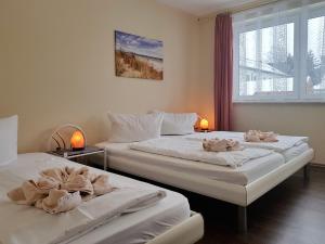 2 Betten in einem Zimmer mit Handtüchern darauf in der Unterkunft An der Sonnenwiese in Prerow