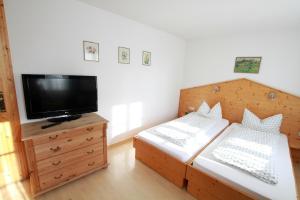 a bedroom with two beds and a flat screen tv at Gästehaus Pfefferle Hotel garni und Ferienwohnungen in Sigmaringen