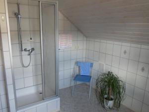 baño con ducha y silla azul en Ferienwohnungen Egerer en Riedenburg