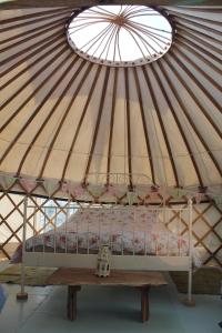 a bed in a yurt with a window at Mill Haven Place glamping-yurt 2 in Haverfordwest