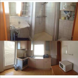 três fotografias de uma casa de banho com um lavatório e um chuveiro em FeWo Creativ-Center Lienz em Lienz