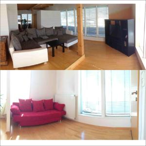 duas fotografias de uma sala de estar com um sofá vermelho em FeWo Creativ-Center Lienz em Lienz