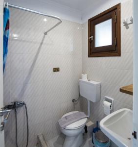 a bathroom with a toilet and a shower and a sink at Villa Spyridoula studios on the Beach in Sidari