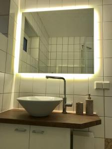 a bathroom with a sink and a mirror at FeWo Khuki in Leipzig