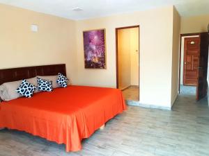 1 dormitorio con 1 cama con colcha de color naranja en Hotel Camino de Piedra, en Guanajuato