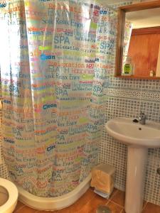 ein Bad mit einem Duschvorhang und einem Waschbecken in der Unterkunft CASA ABUELA MINA in Lomo de Arico