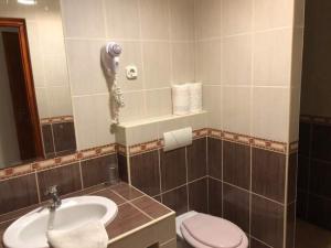 a bathroom with a sink and a toilet and a mirror at Apartman 4 YOU 2. in Budapest +11 photos