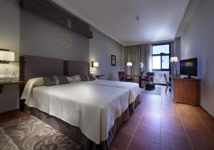 Una habitación de hotel con una cama grande y un televisor. en Parador de Lorca, en Lorca