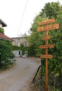 a wooden sign with street signs in front of a house at Chambres d'hôtes- Le Pré aux Ânes in Albon