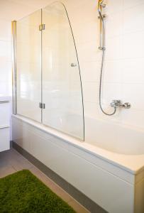 een badkamer met een douche en een bad met een groen tapijt bij Modern Duplex Museumsquartier in Wenen