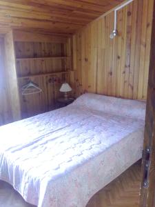 ein Schlafzimmer mit einem großen Bett in einem Holzzimmer in der Unterkunft Appartement de 2 chambres avec terrasse et wifi a Belcaire a 6 km des pistes in Belcaire