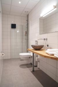 a bathroom with a sink and a toilet at Senja Fjordhotell and Apartments in Stonglandseidet