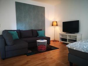 uma sala de estar com um sofá e uma televisão de ecrã plano em Daheym FEWO 1 em Erfurt