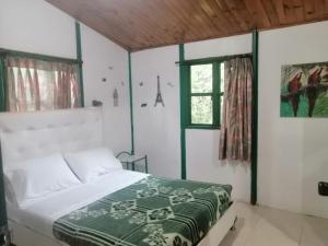 um quarto com uma cama com um edredão verde e branco em Megahotel em Pereira