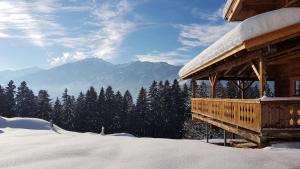 eine Hütte im Schnee mit Bergblick in der Unterkunft Superior Chalet Brandleit in Hart im Zillertal