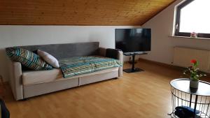 Una sala de estar con un sofá y un televisor de pantalla plana. en Wanderoase, en Melsbach