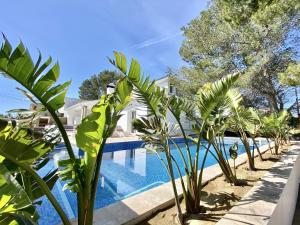a pool with palm trees in front of a house at Villa Bouganvilla luxury villa with air-con, & private swimming pool ideal for families in L'Ametlla de Mar