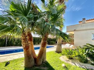 two palm trees in a yard next to a swimming pool at Villa Martina 4 bedroom villa with air conditioning & private swimming pool ideal for families in L'Ametlla de Mar