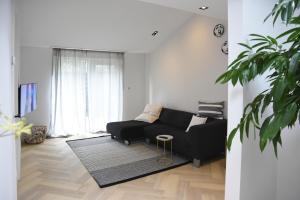 a living room with a black couch and a rug at In de bocht in Heiloo