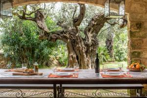 una mesa con una botella de vino y un árbol en Luxury Sicily Villas by Geocharme en Castelvetrano Selinunte